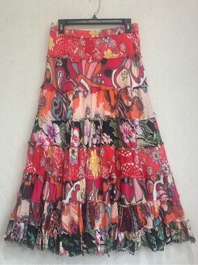 Tiara Floral Boho Patchwork Tiered Maxi Skirt Sz S Raw Edge Cotton